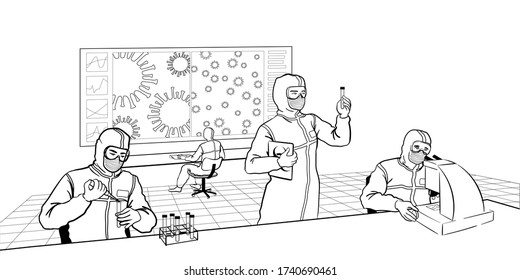 Los científicos están trabajando en vacunas contra el coronavirus. Equipo de investigación sobre cura de virus que desarrolla medicamentos antivirales y métodos de tratamiento del virus de la corona para detener la pandemia de covid-19. Ilustración vectorial en blanco y negro