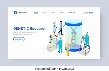 Científicos trabajando en el ADN. Concepto de experimento genético modificado sobre fondo blanco para el diseño del sitio web de la Investigación Genética o de la página web de aterrizaje.