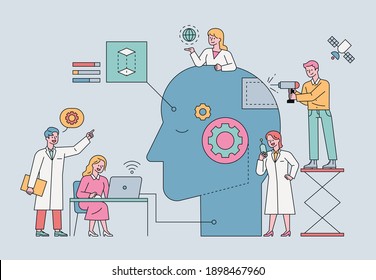 Wissenschaftler arbeiten in einem Labor für künstliche Intelligenz an riesigen Robotern mit menschlichem Kopf. minimale Vektorgrafik im flachen Design.