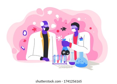 Scientists working on laboratory, chemists using flasks and test tubes for analysis of virus or bacteria. People dealing with hazardous substances. Teacher and student in lab, vector in flat style