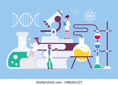Scientists working on medical, chemical or biological laboratory research and test concept with small people characters. Vector illustration
