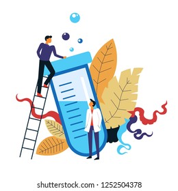 Scientists working on new cure formula poured in tube vector treatment quest people on ladder wearing gowns scientific research science industry tube with scale chemical substance and bubbles.