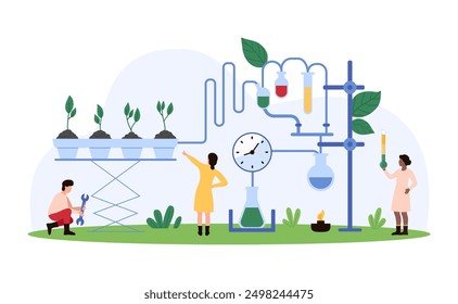 Scientists working on plant growth experiments in a high-tech lab. Laboratory equipment, test tubes, and various scientific instruments in use vector illustration.