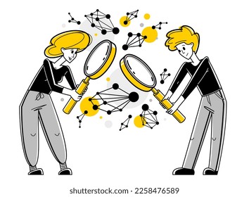 Scientists working on some science inquiry research or invention, discovering molecules and learning education, vector outline illustration, laboratory.