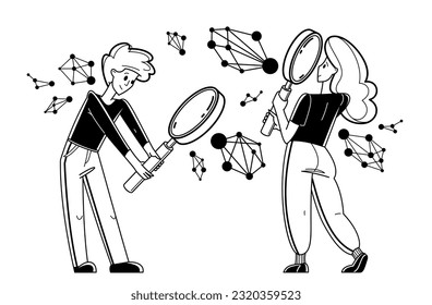  Scientists working on some science inquiry research or invention, discovering molecules and learning education, vector outline illustration, laboratory.