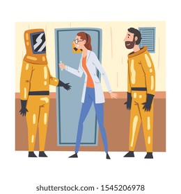 Scientists Working in Scientific Lab, Assistants in Protective Suits and Scientist in White Lab Coat Conducting Experiments Vector Illustration