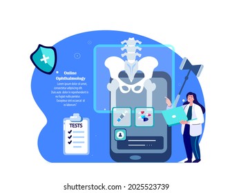 Scientist,traumatologist orthopedist Doctor Examine Hip Joint Pain.Arthoplasty,Osteoarthritis.Hip Joint Replacement Research.Smartphone Bones X Ray Radiography,Rontgen.Medical Diagnostics Illustration
