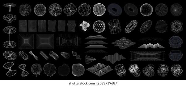 Sci-fi 3D futuristic elements. Geometric spheres, shapes, grids with glitch, deformation, liquid effect. Wireframe 3D spaces, mechanical drawings, Sci-fi shapes, landscape of the area. Vector graphic