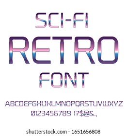 Sci-Fi 80's retro alphabet movie font. Metal chrome effect letters and numbers. Vector typeface set