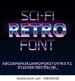 Sci-fi 80's retro alphabet movie font. Metal chrome effect letters and numbers. Vector typeface set