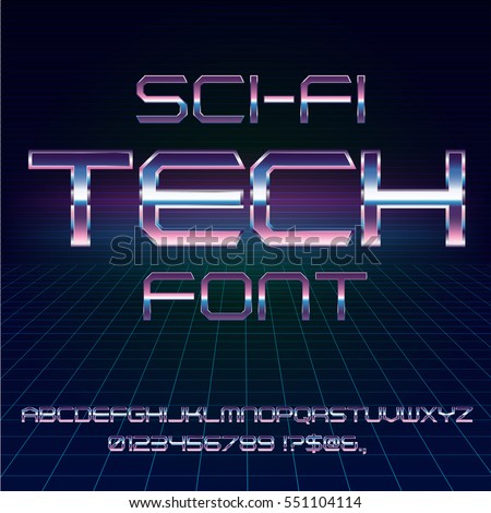 Sci-Fi 80's style techno retro alphabet movie font. Metal chrome effect letters and numbers. Vector typeface set