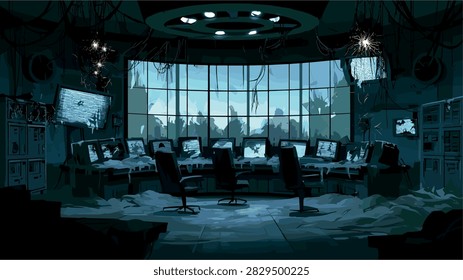 Sci-fi Abandoned Control Room with Sparking Wires and Monitors