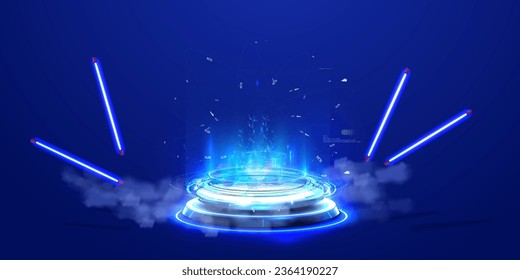 Sci-fi abstract room concept with glowing neon curve lighting line. Circle portals, teleport, hologram gadget. Blank display, stage, magic portal, podium for show product in futuristic cyberpunk style