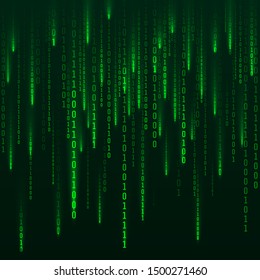 Sci-fi Background. Binary computer code. Green digital numbers. Matrix of binary numbers. Futuristic hacker abstraction backdrop. Random numbers falling on the dark background. Vector