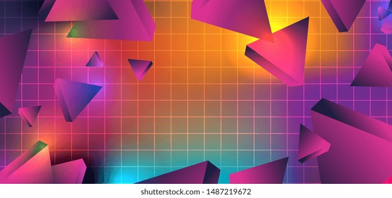 Sci-Fi background with geometric triangle 3d style on neo memphis glowing colorful vector illustration