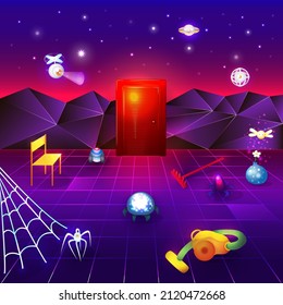 sci-fi background in retro futurism style, room with red door and robotic creatures, fantastic mechanisms in cyber space, splash screen for retro game