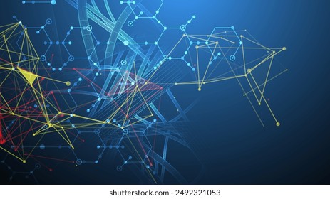 Sci-Fi-Hintergrund. Dynamische Drahtgitterrohre unter Verwendung von farbigem Plexuseffekt und Sechsecken.