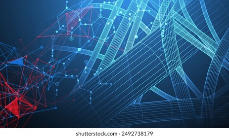 Sci-fi background. Wireframe dynamic pipes with the use of colored plexus effect and hexagons.