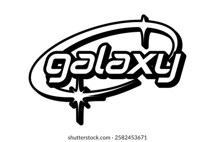 Sci-fi Bold Galaxy logo with a futuristic Y2K design featuring an orbiting star element. Futuristic and dynamic black and white emblem perfect for posters, banners, stickers, ads, t-shirts, logos.  