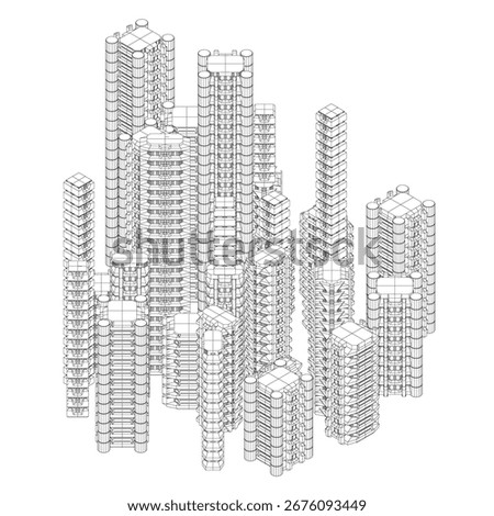 Sci-fi city wireframe drawing with symmetrical architecture, intricate details, and tall central building surrounded by smaller structures