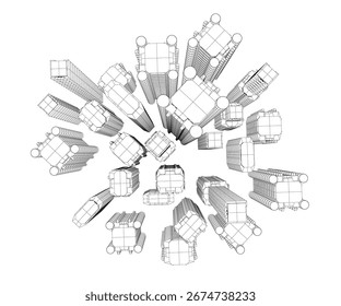 A sci-fi city wireframe model composed of interconnected cubes arranged in a circular pattern on a clean white background.