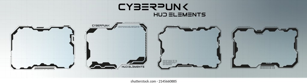 Sci-fi concept design banner. Futuristic vector HUD interface screen design. Names of digital callouts. Set of futuristic HUD UI GUI screen elements. High-tech screen for video games.  