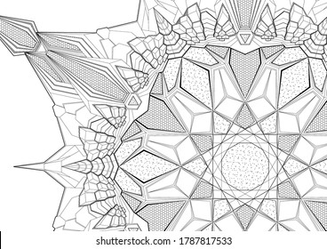 Resumen cósmico Sci-fi, fragmento de una nave espacial o estación espacial similar a una estrella gigante y geométrica hecha de formas simples. Patrón, ornamento, dibujo de línea, con eclosión, gráficos, sin fondo.