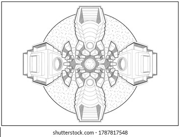 Sci-fi cosmic abstraction, symmetric, similar space station, spaceship or building in perspective, with hatches and round windows, consists of simple geometric shapes, line art, graphic with hatching.