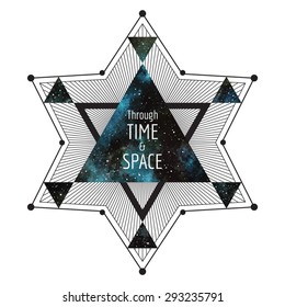 Sci-fi, cosmic illustration. Geometrical star made of triangles and lines. Watercolor vector night sky triangle background. Through time and space typographical composition. Print design.