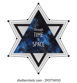 Sci-fi, cosmic illustration. Geometrical star made of triangles and lines. Watercolor vector night sky triangle background. Through time and space typographical composition. Print design.