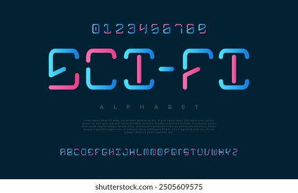 Scifi creative modern geometric urban alphabet font. Digital abstract futuristic, game, techno, robot, music, logo, sport, minimal technology typography. Simple numeric vector illustration