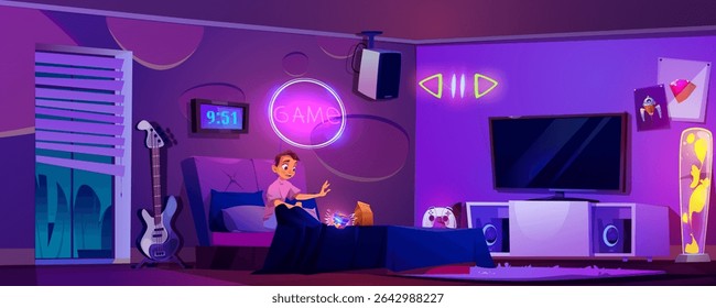 Sci-fi cube falls out of teenager boy hands while he sits on bedroom in purple kid room with gaming setup - console controller and tv screen, speakers and neon light signs, electric guitar near window