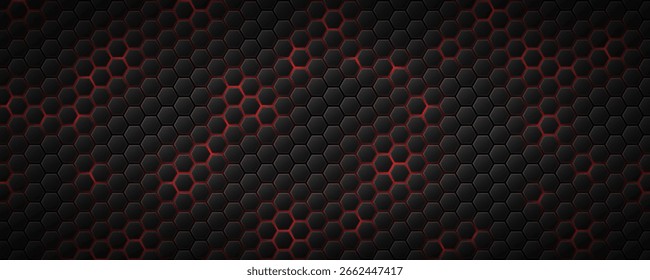 Padrão cibernético de hexágonos pretos com realces de néon vermelho. Plano de fundo tecnológico futurista para apresentação de tecnologia, interfaces de jogos digitais ou design de interface de usuário moderna. Ilustração vetorial.