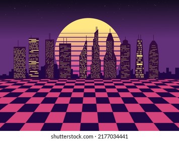 Sci-fi cyber city virtual reality 1980s style. Vaporwave or synthwave urban illustration. Retrofuturistic sunset city skyline.