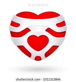 Sci-fi cyber heart. Vector 3d abstract symbol of a cybernetic love. Symbolic imaginary pacemaker. Futuristic artificial device made like a valentine for robots. Floating frame container with a blood.
