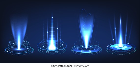 Scifi cyber stage. Sci fi gaming holigram circle, digital tech energy element, sky portal technology futuristic speedfloor platform vector illustration