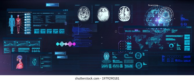 Sci-fi Cyberpunk Dashboard With World Map, Medical Data, Code, Data And Graphs And Charts. Computer Screens In Futuristic HUD Style. Hacker's Desktop. Futuristic User Interface And HUD Screens. Vector