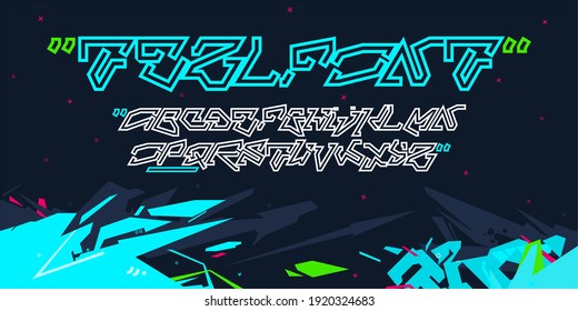 Sci-fi Cyberpunk Graffiti Style Abstract Technology Futuristic Alphabet Font TeslFont Digital Typography Vector Illustration