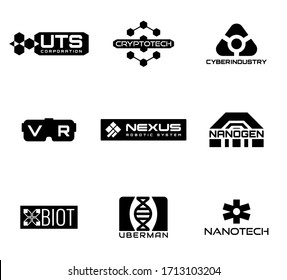 Sci-fi and cyberpunk logos. Logos of fictional corporations. Vector icons 