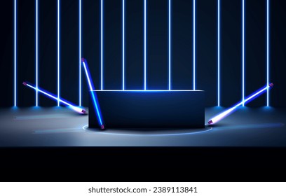 Sci-fi dark blue abstract room with illuminate horizontal neon lamp. An empty podium on an empty blue stage with diagonal blue lines of neon lights in the background. Vector illustration