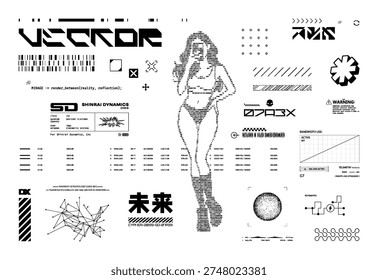Sci-fi design pack with HUD UI, sci-fi elements, cyber lettering and other. Brutalism Hi-tech design for streetwear, merch, t-shirt, typography. Vector Y2K set. Translation from Japanese: The Future