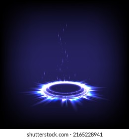 Sci-fi digital in glowing swirl universe trail effect. Hologram portal of luminous. Magic warp gate in game fantasy. Shining cosmic technology. Circle teleport podium. GUI, UI virtual reality users