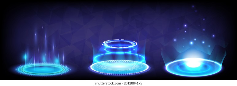 Sci-fi digital high-tech collection in glowing HUD. Hologram portal of science futuristic. Magic warp gate in game fantasy. Abstract technology. Circle teleport podium. GUI, UI virtual reality users