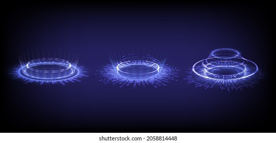 Sci-fi Digital High-tech Collection In Glowing HUD Elements Interface. Hologram Portal Of Science Futuristic Technology. Magic Warp Gate In Game Fantasy. Teleport Podium Of Sound Wave And Music Radio