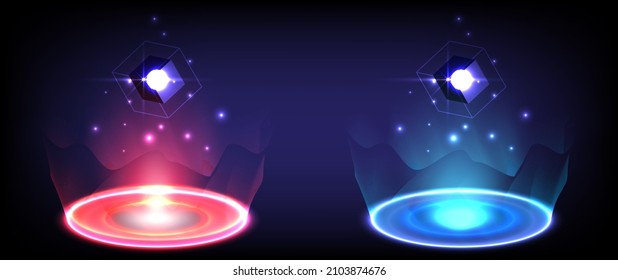 Sci-fi digital high-tech collection in glowing HUD. Hologram portal of science futuristic. Magic warp gate in game fantasy. Abstract technology. Circle teleport podium. Red and blue neon