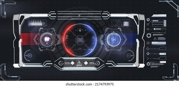 Sci-fi Digital Interface Elements HUD For Game, UI, UX, KIT.  VR, Icons, Bar Labels And Lines. HUD Collection For UI, UX, GUI Design. Vector Graphics And Other. HUD UI, VR Vector Elements.