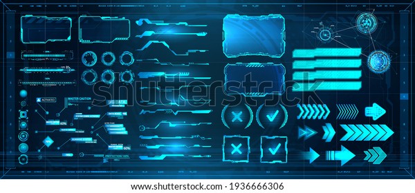 Sci-fi digital interface elements HUD for\
Game, UI, UX, KIT. Futuristic User Interface, frame screens,\
Callouts titles, FUI circle set, Loading bars, Lines and Arrows in\
HUD style. Vector\
collection