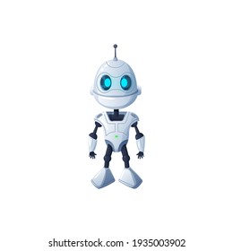 Sci-fi droid isolated white robot on legs isolated. Vector modern technologies character, friendly plastic machine helper with eyes. White kids toy, artificial automated ,droid with antenna on head