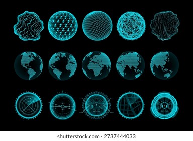 Sci-fi elements, 3D earth globe holograms from five sides and HUD circles gadgets for UI, UX, gaming. Cyberpunk 3D elements with Futuristic user interface devices. Vector graphic set