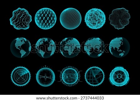 Sci-fi elements, 3D earth globe holograms from five sides and HUD circles gadgets for UI, UX, gaming. Cyberpunk 3D elements with Futuristic user interface devices. Vector graphic set